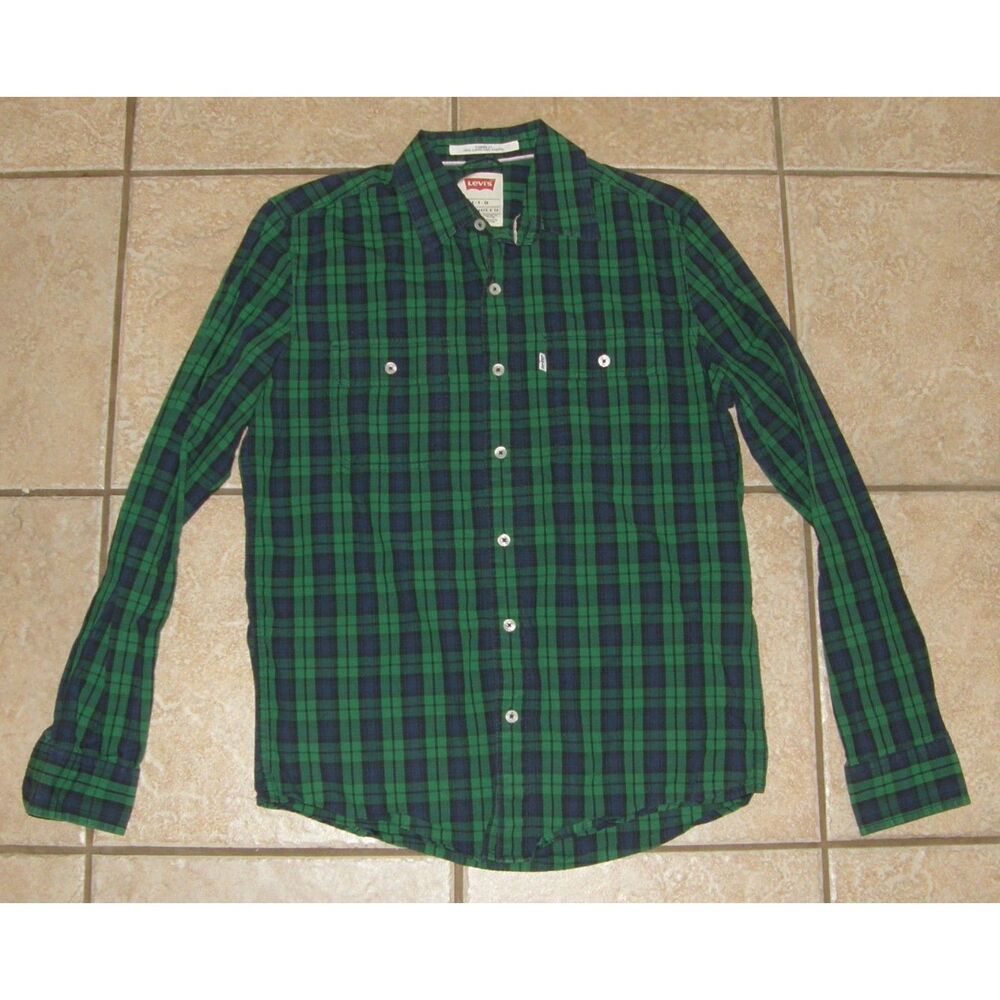 LEVIS Mens Sz Small Green & Blue Plaid Button Up Standard Fit Long Sleeve Shirt